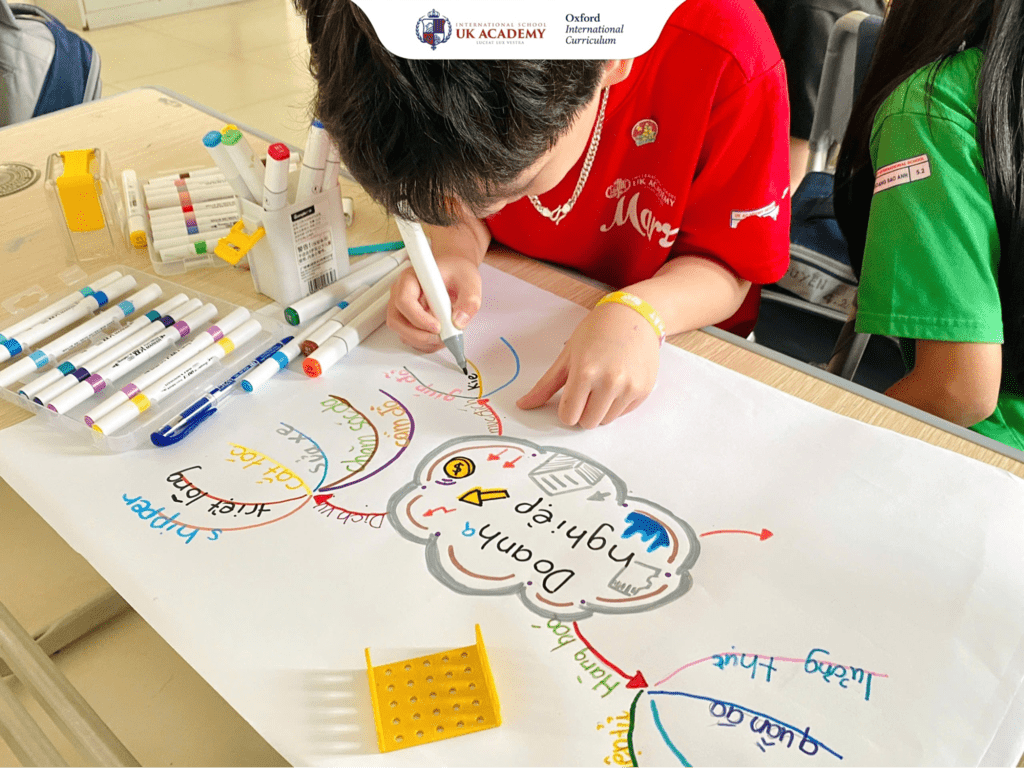 Học sinh UKA thiết kế sơ đồ tư duy trong giờ học, giúp phát triển tư duy logic và kỹ năng ghi nhớ hiệu quả.